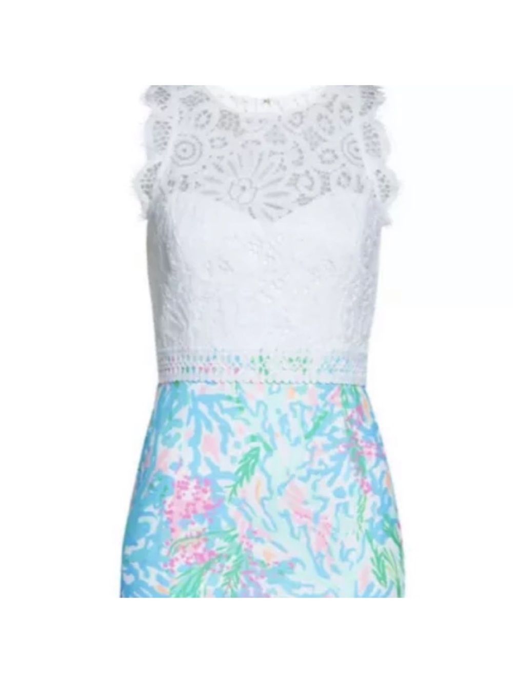Lace Bodice Floral Print Sleeveless Dress - White & Pastel Blue